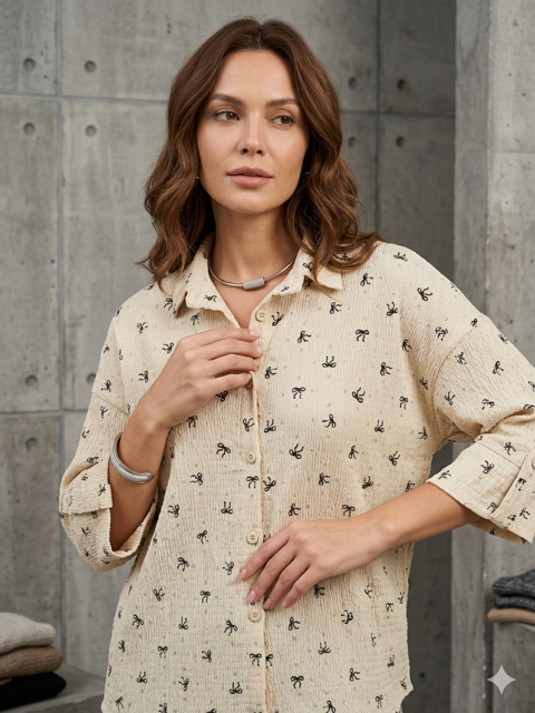 شومیز آستین سه ربع نخی اعلا مدل پاپیون Three-Quarter Sleeve Premium Cotton Blouse – Bow Tie Model