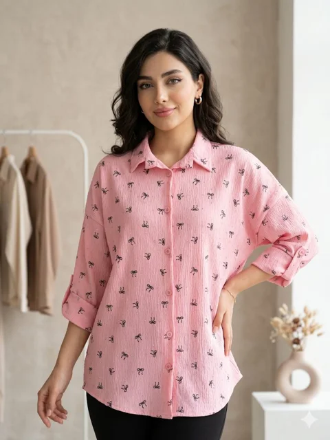 شومیز آستین سه ربع نخی اعلا مدل پاپیون Three-Quarter Sleeve Premium Cotton Blouse – Bow Tie Model