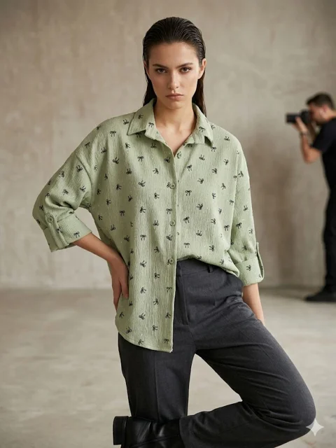 شومیز آستین سه ربع نخی اعلا مدل پاپیون Three-Quarter Sleeve Premium Cotton Blouse – Bow Tie Model